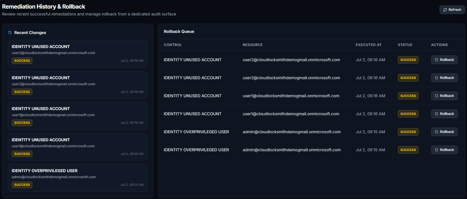 Cloud Locksmith Remediation History and Rollback — a queue of executed remediations, each with a Rollback action